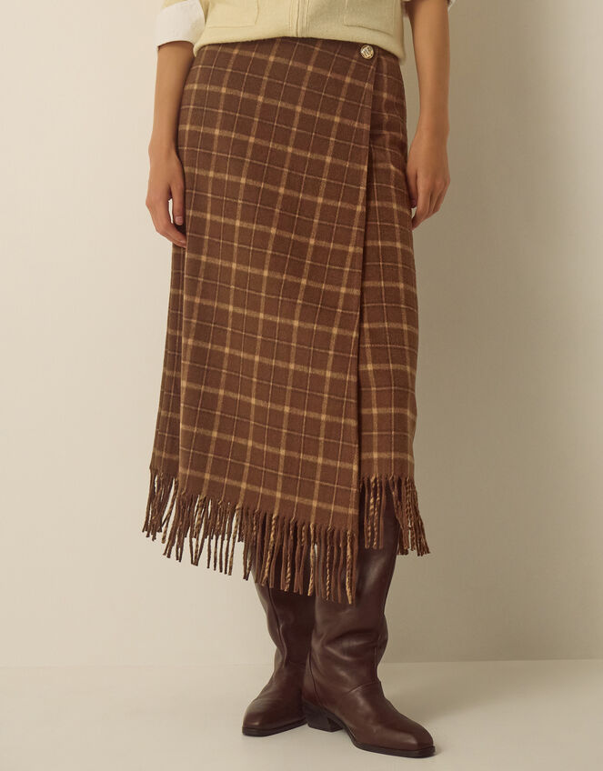 Celeste Check Fringe Midi Skirt, Brown (CHOCOLATE), large