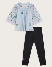 Embroidered Tulle Top and Leggings Set, Blue (BLUE), large