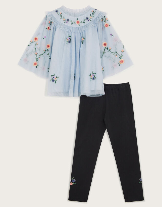 Embroidered Tulle Top and Leggings Set, Blue (BLUE), large
