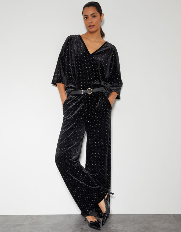 Nala Spot Velvet Wide Leg Trousers, Black (BLACK), large