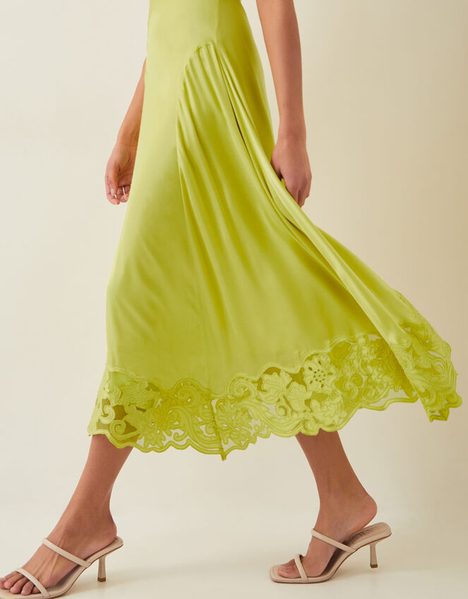 Ingrid Embroidered Satin Midi Dress, Green (CHARTREUSE), large