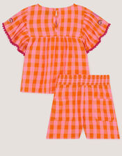 Gingham Print Top & Shorts Set, Orange (ORANGE), large