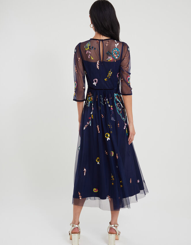 Nyla Embellished Midi Dress in Recycled Polyester, Blue (NAVY), large