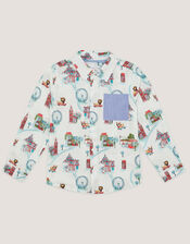 London Print Long Sleeve Shirt , White (WHITE), large