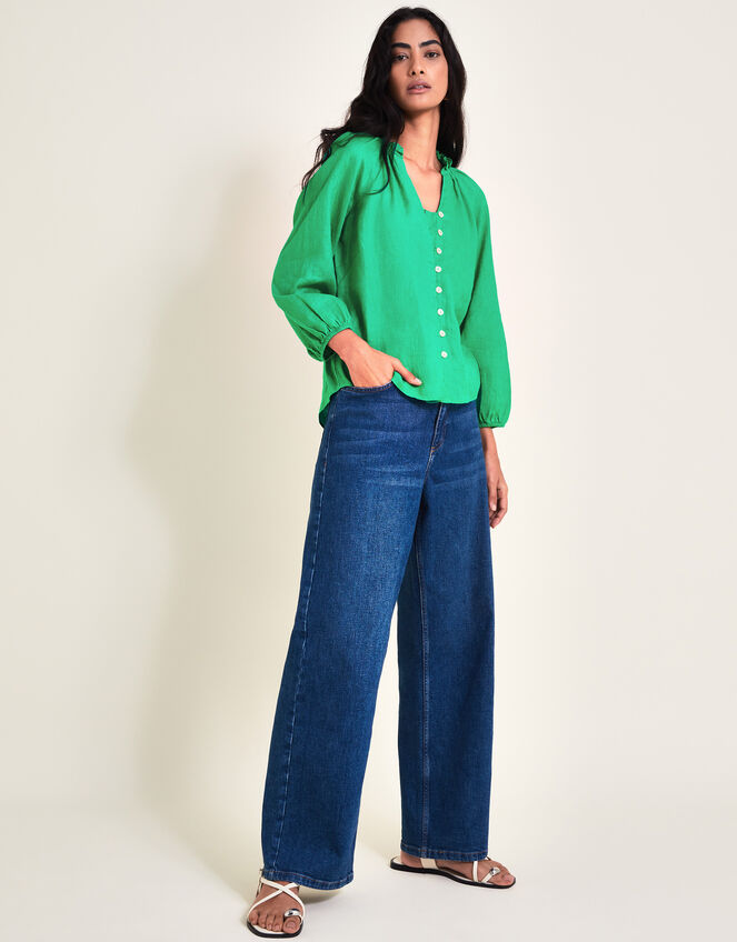 Reine Frill Linen Blouse, Green (GREEN), large