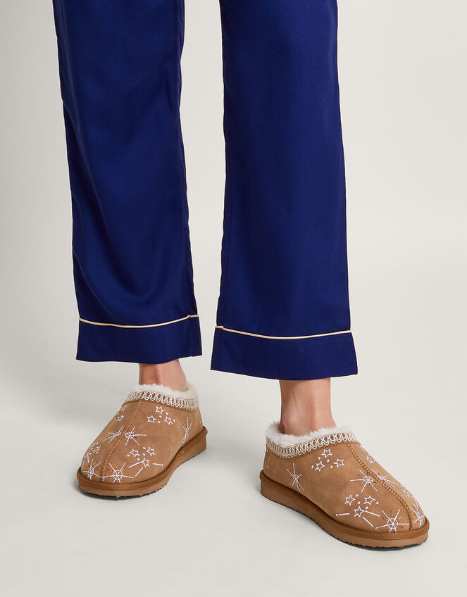 Embroidered Mule Slippers, Brown (BROWN), large