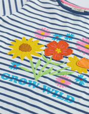 Frugi Embroidered Stripe T-Shirt, Blue (NAVY), large