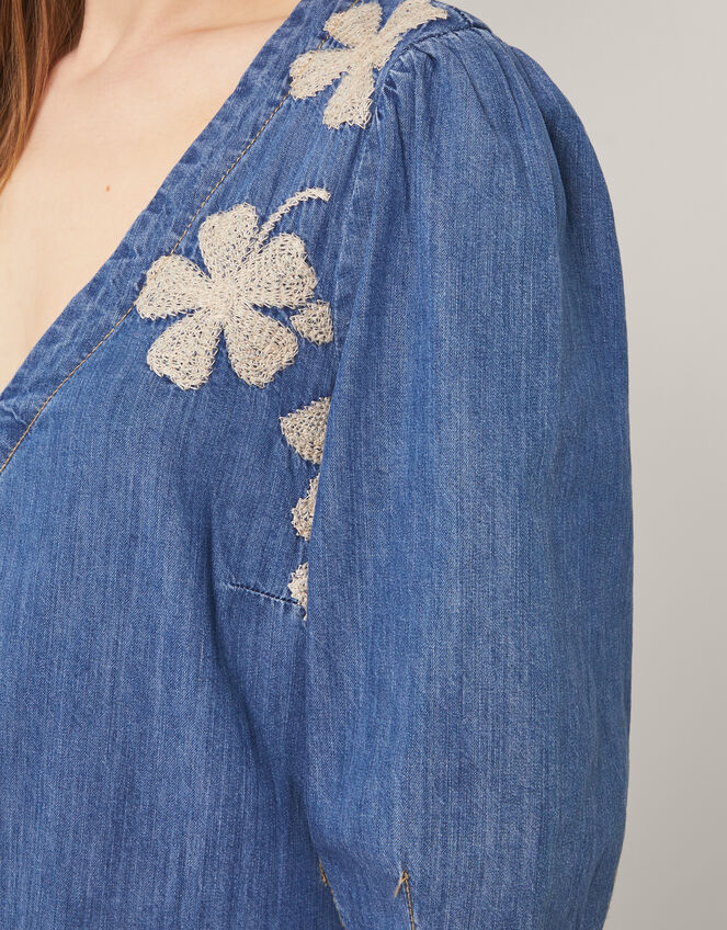 Fallon Floral Embroidered Denim Midi Dress, Blue (DENIM BLUE), large
