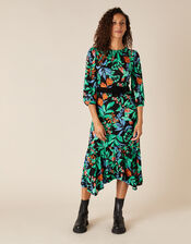 Leaf Print Hanky Hem Dress with LENZING™ ECOVERO™, Green (GREEN), large