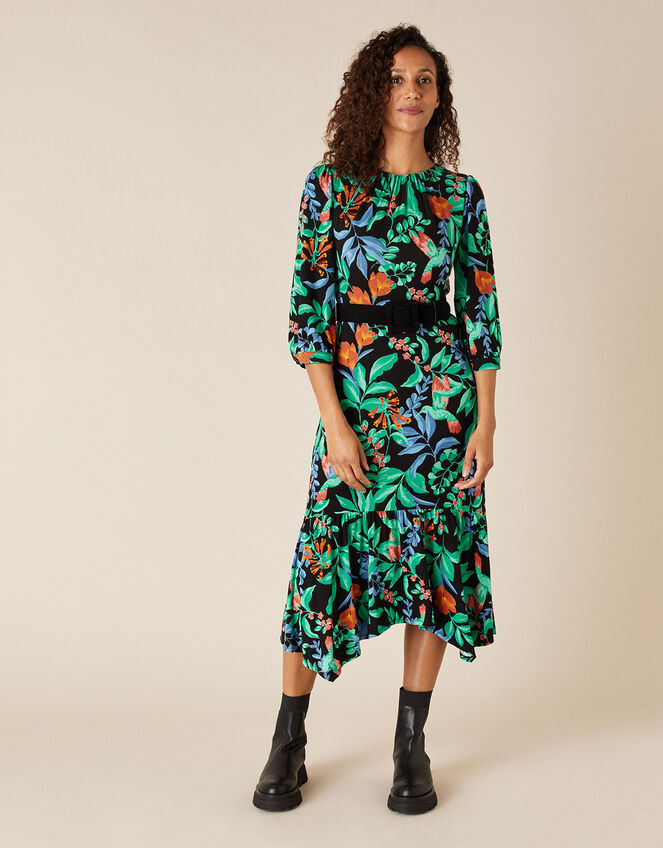 Leaf Print Hanky Hem Dress with LENZING™ ECOVERO™, Green (GREEN), large