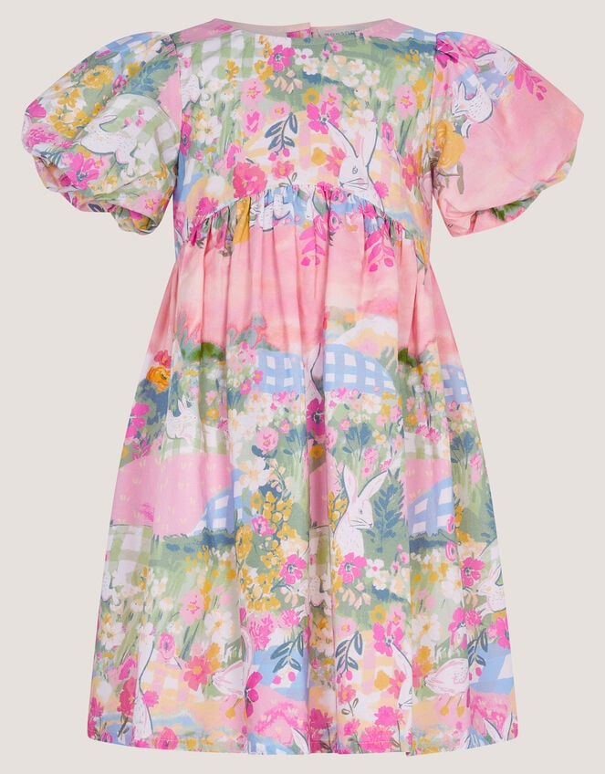 Bunny Scene Puff Sleeve Dress, Yellow (YELLOW), large