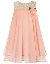 Baby Rosie Flared Dress with Corsage, Orange (CORAL), large
