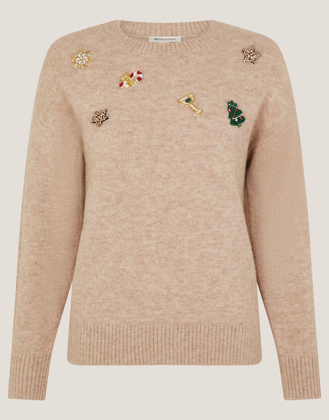 Edie Embroidered Christmas Jumper, Camel (CAMEL), large