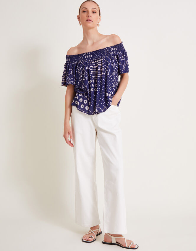 Cindy Print Bardot Top, Blue (BLUE), large