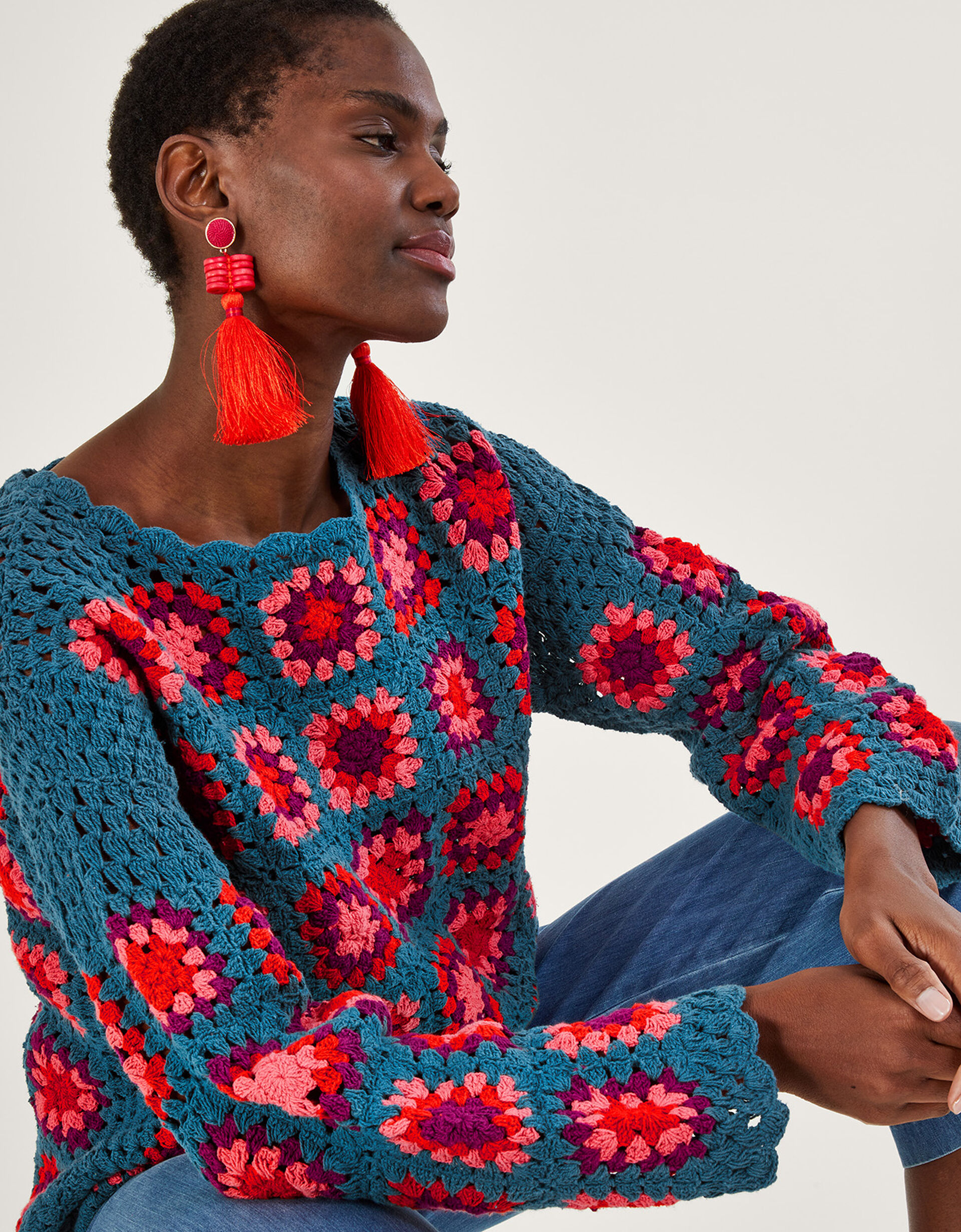 Hand Crochet Jumper Blue Knitwear Monsoon UK.