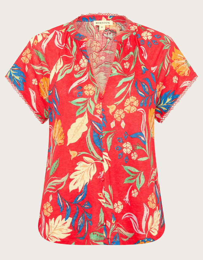 Alma Print Linen T-Shirt, Red (RED), large