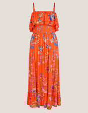 Kaia Floral Frill Midi Dress, Orange (ORANGE), large
