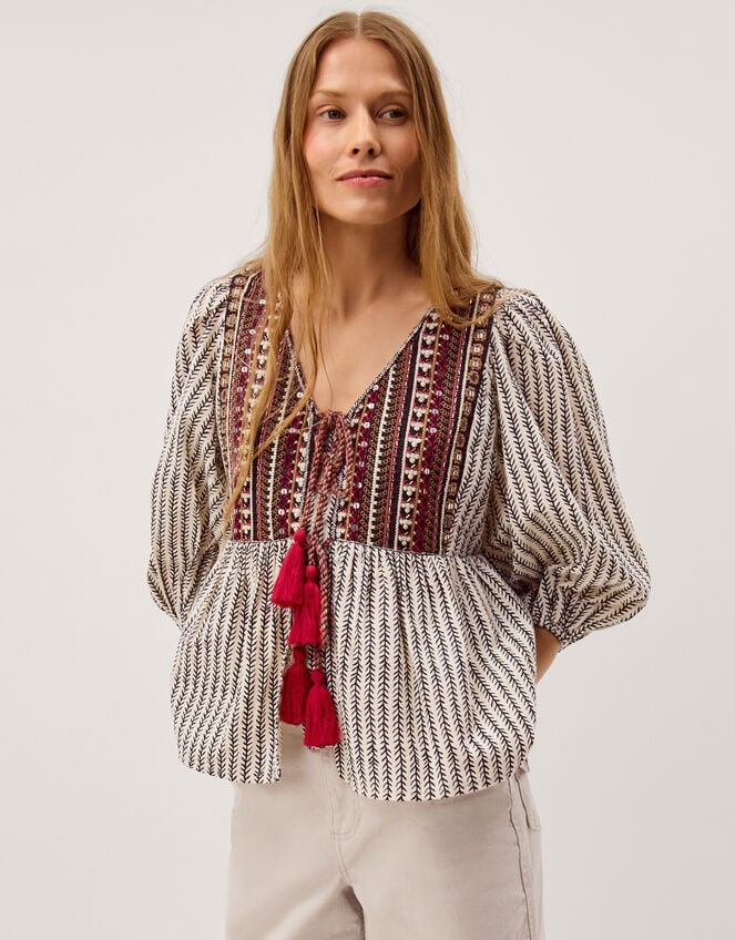 Laila Embellished Print Blouse, Ivory (IVORY), large