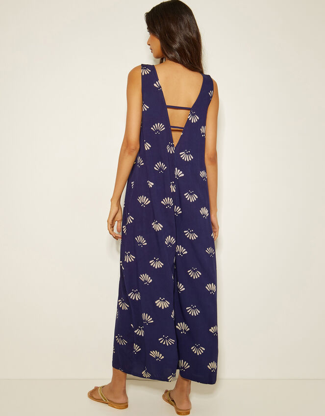Briana Fan Print Wide Leg Jumpsuit, Blue (NAVY), large