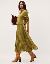 Penny Pleated Midi Dress, Green (OLIVE), large