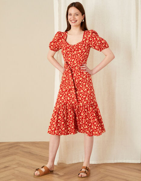 Floral Print Tiered Midi Dress  Red, Red (RED), large