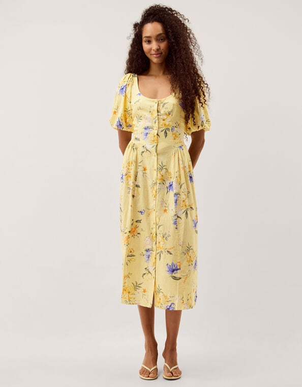 Etta Floral Linen Blend Midi Dress, Yellow (YELLOW), large