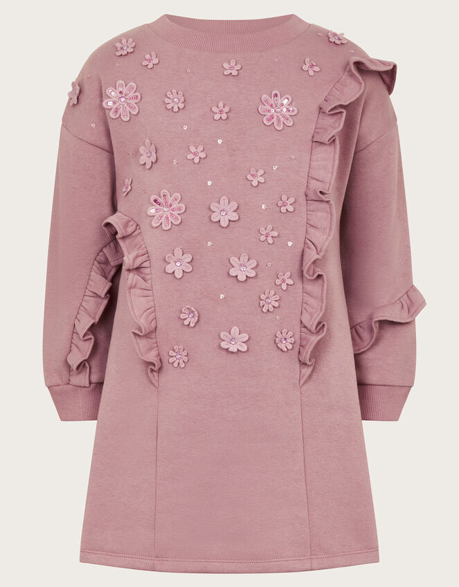 Frilly 3D Flower Sweatshirt Dress, Purple (LILAC), large