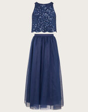 Sequin Top and Tulle Maxi Skirt Prom Set, Blue (NAVY), large