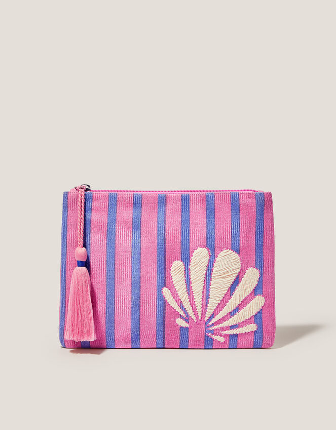 Shell Embroidered Stripe Pouch, , large