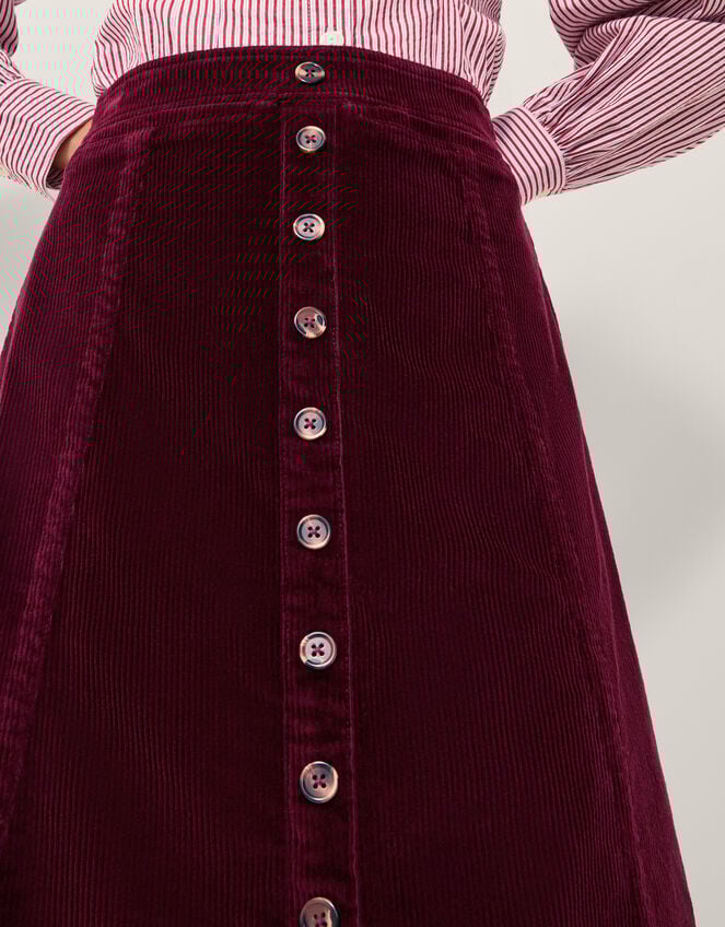 Jamie Button Corduroy Midi Skirt, Red (BURGUNDY), large