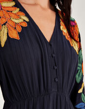 Leaf Embellished Applique Dress in in LENZING™ ECOVERO™, Blue (NAVY), large