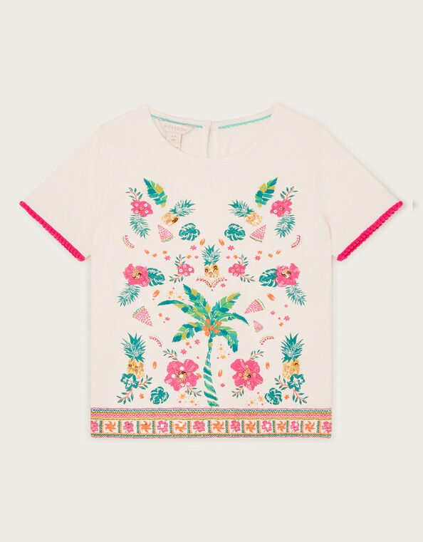 Tropical Palm Print T-Shirt, White (WHITE), large