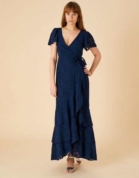 Naomi Frill Wrap Maxi Dress Blue, Blue (NAVY), large