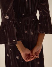 Emilee Floral Embroidered Velvet Midi Dress, Brown (CHOCOLATE), large