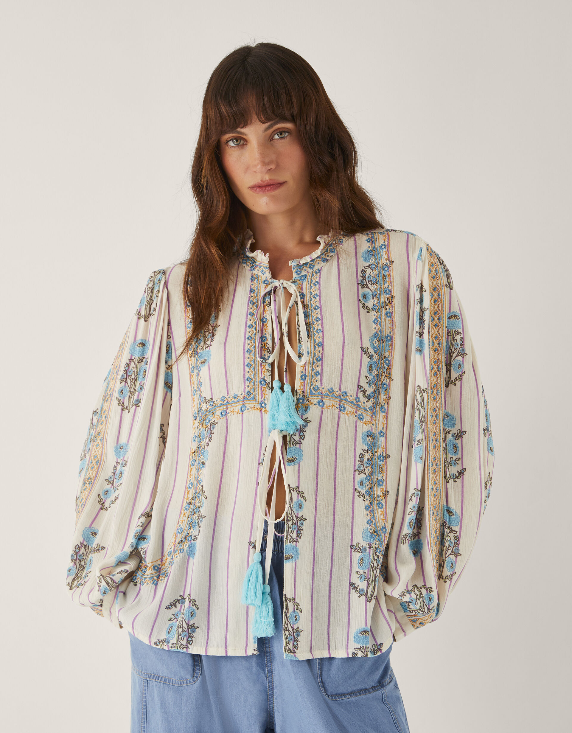 Elora Floral Stripe Tie Blouse Ivory