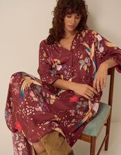 Clemence Seraphine Floral Print Satin Midi Tunic Dress, Red (BURGUNDY), large