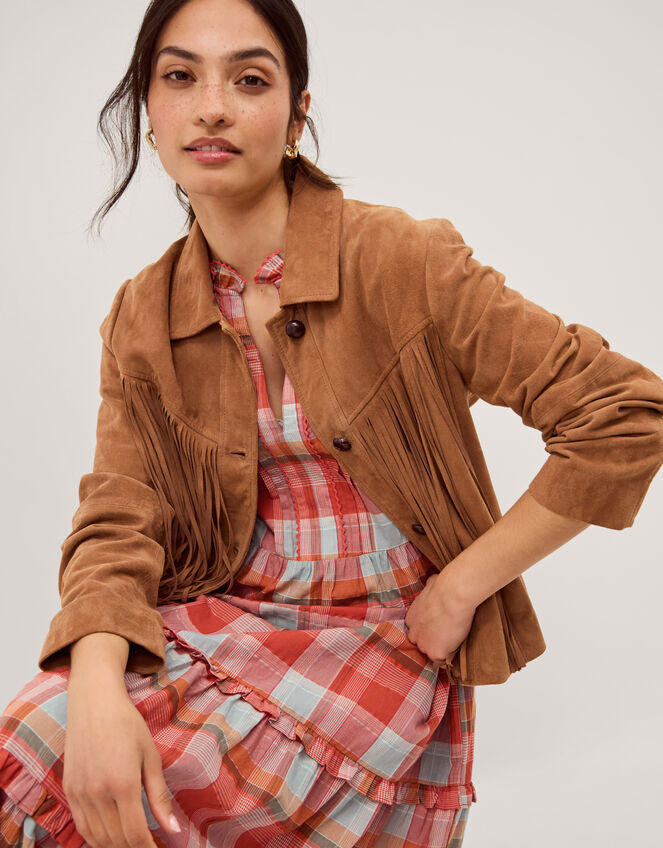 Lily Fringe Suede Jacket, Tan (TAN), large
