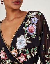 Josie Embroidered Wrap Dress, Black (BLACK), large