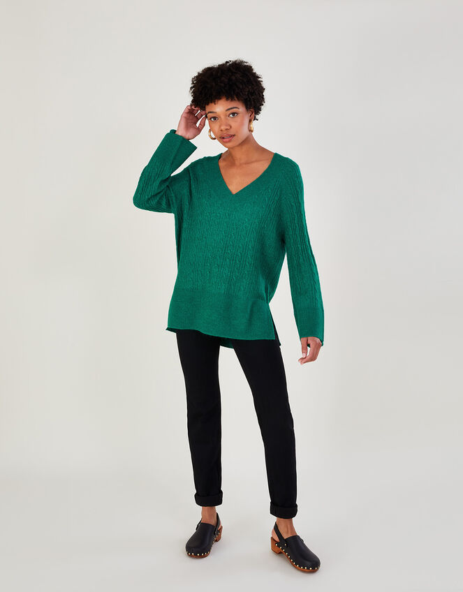 VNeck Cable Longline Jumper with Recycled Polyester Green Jumpers