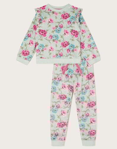 Velour Floral Print Long Sleeve Pyjamas Set, Green (GREEN), large