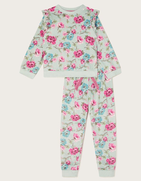 Velour Floral Print Long Sleeve Pyjamas Set, Green (GREEN), large