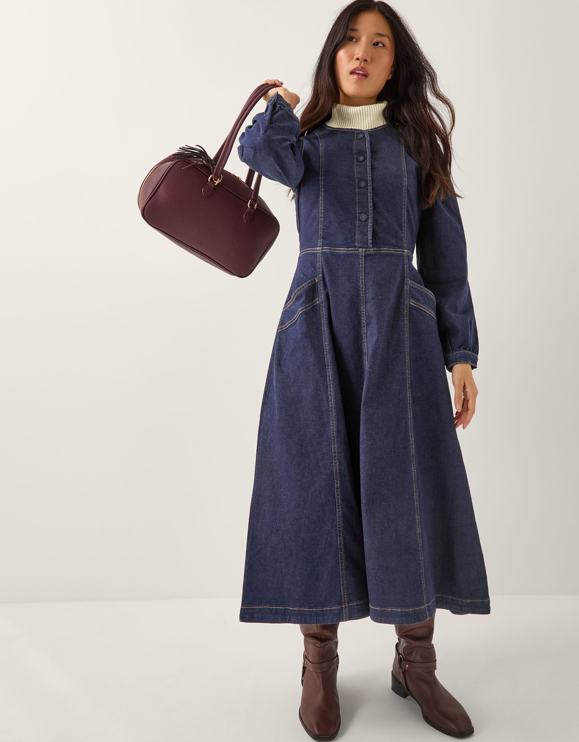 Vivian Button Denim Midi Dress Blue