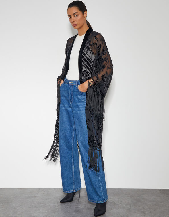 Darcy Fringe Floral Devore Kimono, Black (BLACK), large