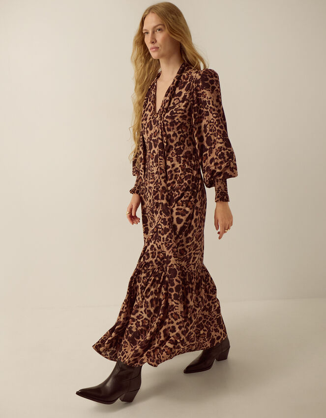 Monsoon x Queens of Archive Pearl Tie Neck Leopard Print Maxi Dress​, Brown (BROWN), large
