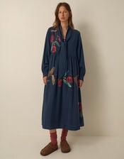 East Freddie Tie Neck Floral Placement Print Midi Dress, Blue (NAVY), large