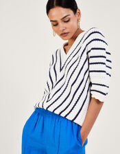 Chevron Textured Stripe Jumper in Sustainable Cotton, Blue (NAVY), large