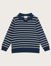 Stripe Knit Polo Jumper, Blue (NAVY), large
