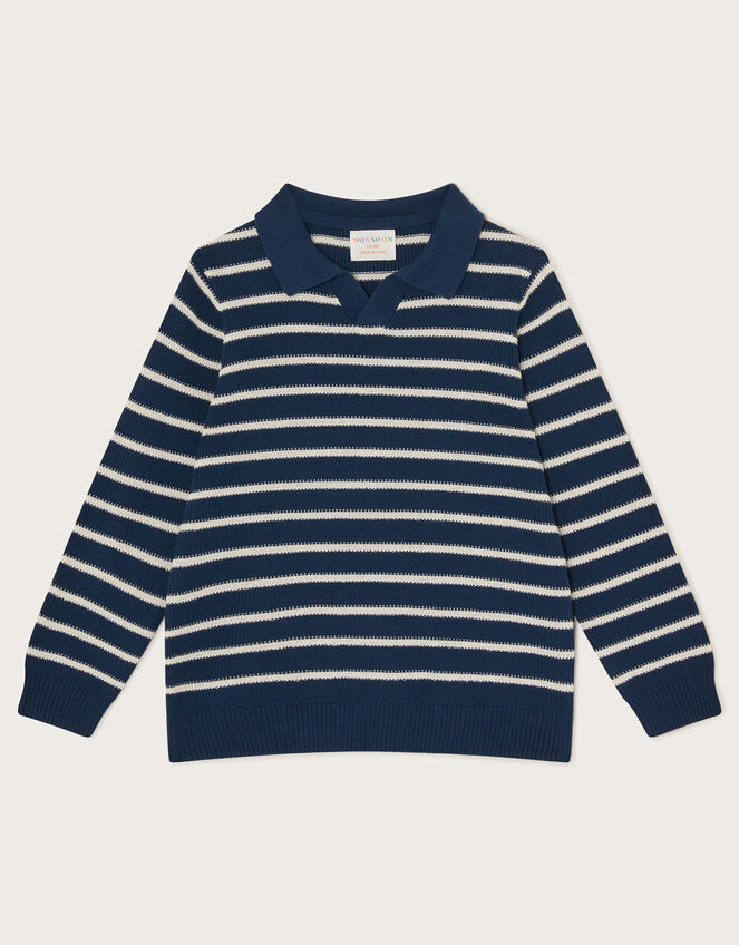 Stripe Knit Polo Jumper, Blue (NAVY), large