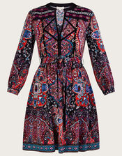 Velvet Trim Printed Short Jersey Dress, Blue (NAVY), large