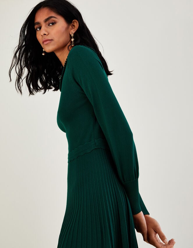 Pleat Trim Slash Neck Midi Dress, Green (DARK GREEN), large